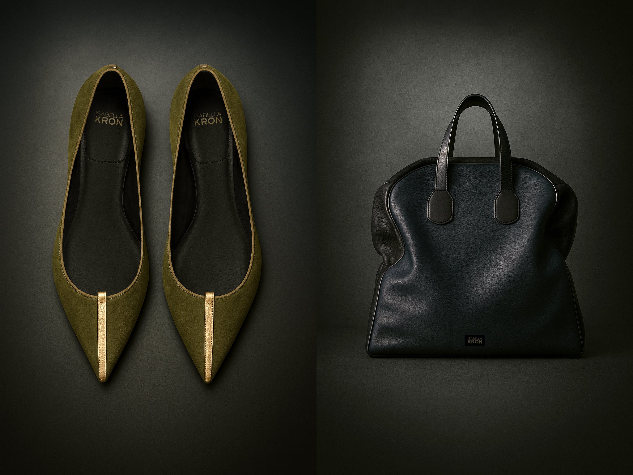 Pair of olive green shoes and a black handbag on a dark background