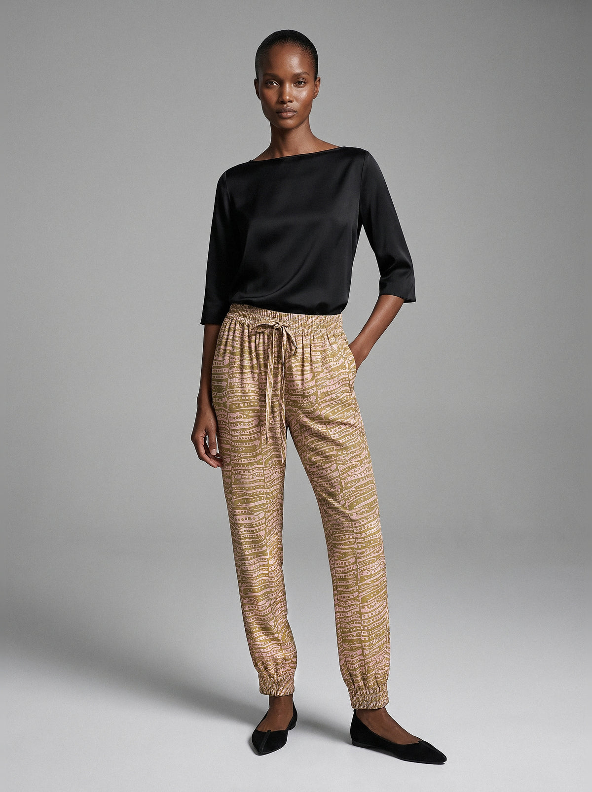 LOU SILK JOGGER — CHARTREUSE PINK DOTTY PRINT