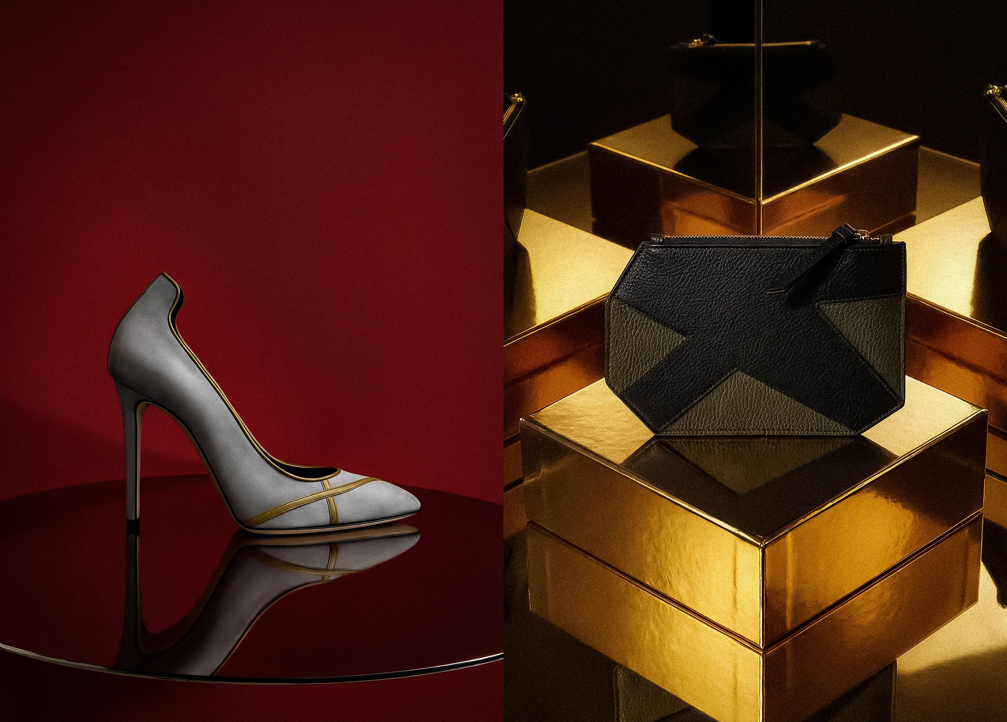 High-heeled shoe with gold accents on a red background, next to a black geometric pouch on gold boxes.