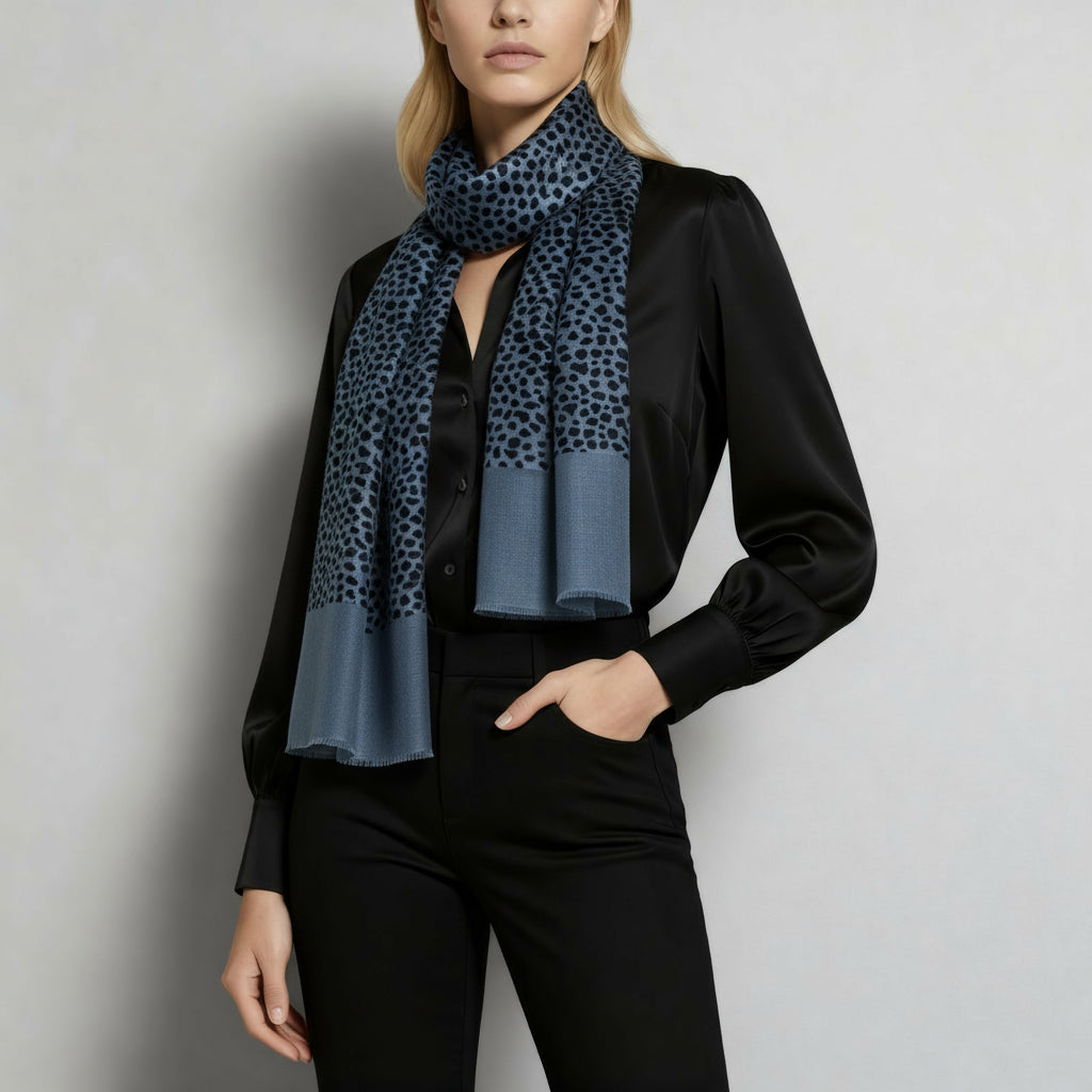 Ania Scarf in blue – on model view with soft, lightweight drape