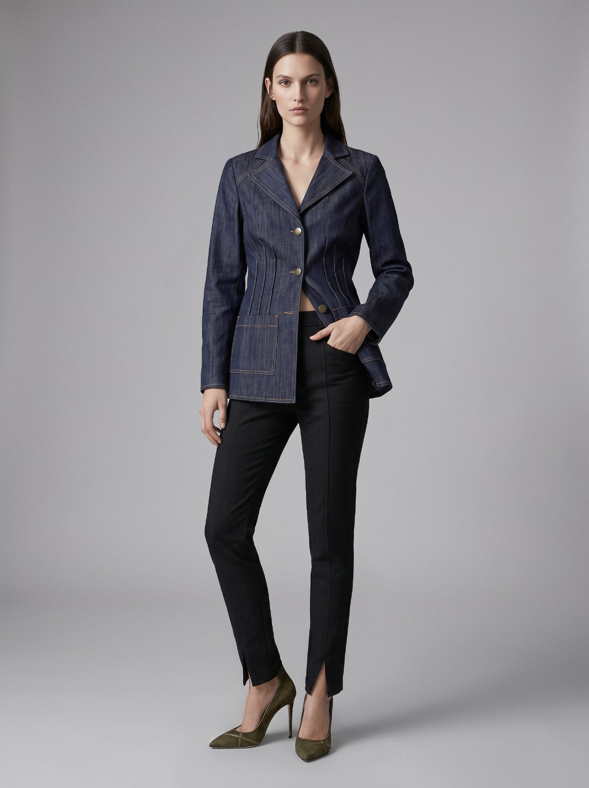 Isabella Kron Carnaby tailored denim jacket with contrast stitching and brass-tone buttons