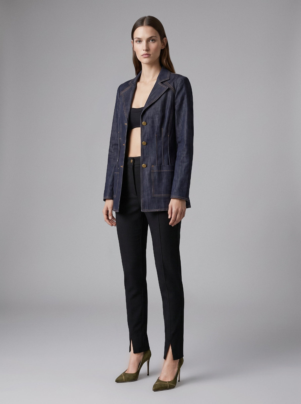 Isabella Kron Carnaby tailored denim jacket with contrast stitching and brass-tone buttons