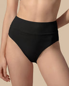 Isabella Kron Black high-waisted bikini bottom Isabella Kron Dori close-up premium fabric detail