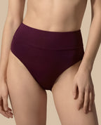 Isabella Kron Dori high-waisted bikini bottom plum close-up minimal luxury swimwear design
