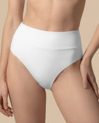 Isabella Kron Dori high rise bikini bottom white close up sculpting fit swimwear