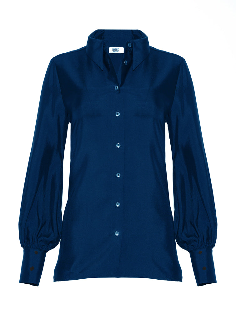 Front view of Isabella Kron Linda Shirt in bluette, classic button-down silhouette in lightweight cotton with pointed collar