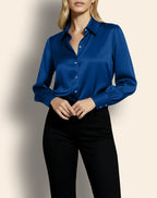 Front view of Isabella Kron Linda Shirt in bluette showing relaxed sleeve drop and curved hemline by Isabella Kron