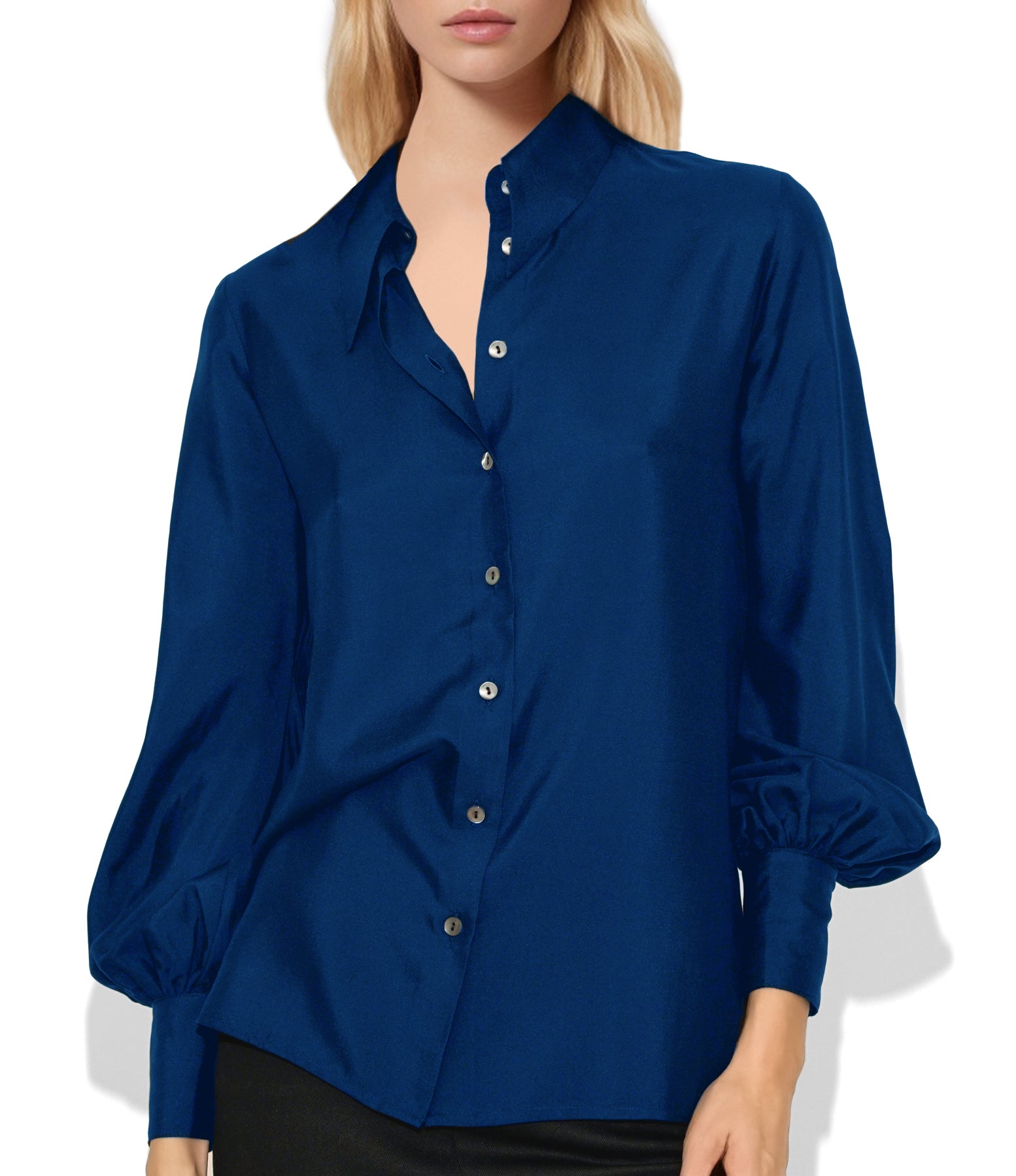 Front view of Isabella Kron Linda Shirt in bluette showing relaxed sleeve drop and curved hemline by Isabella Kron