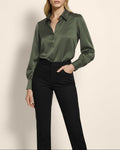 Front view of Isabella Kron Linda Shirt in military green, classic button-down cotton with pointed collar and clean placket
