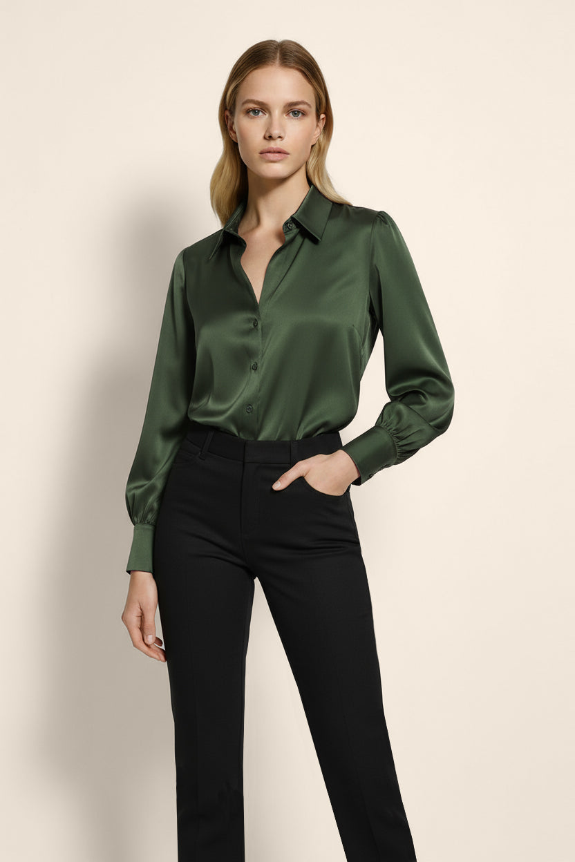 Front view of Isabella Kron Linda Shirt in military green, classic button-down cotton with pointed collar and clean placket