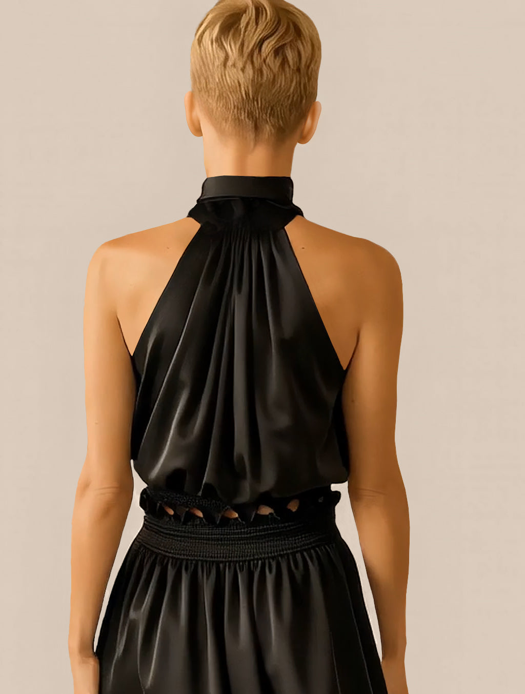 Back view of Polly Silk Top in black – minimalist luxury by Isabella Kron