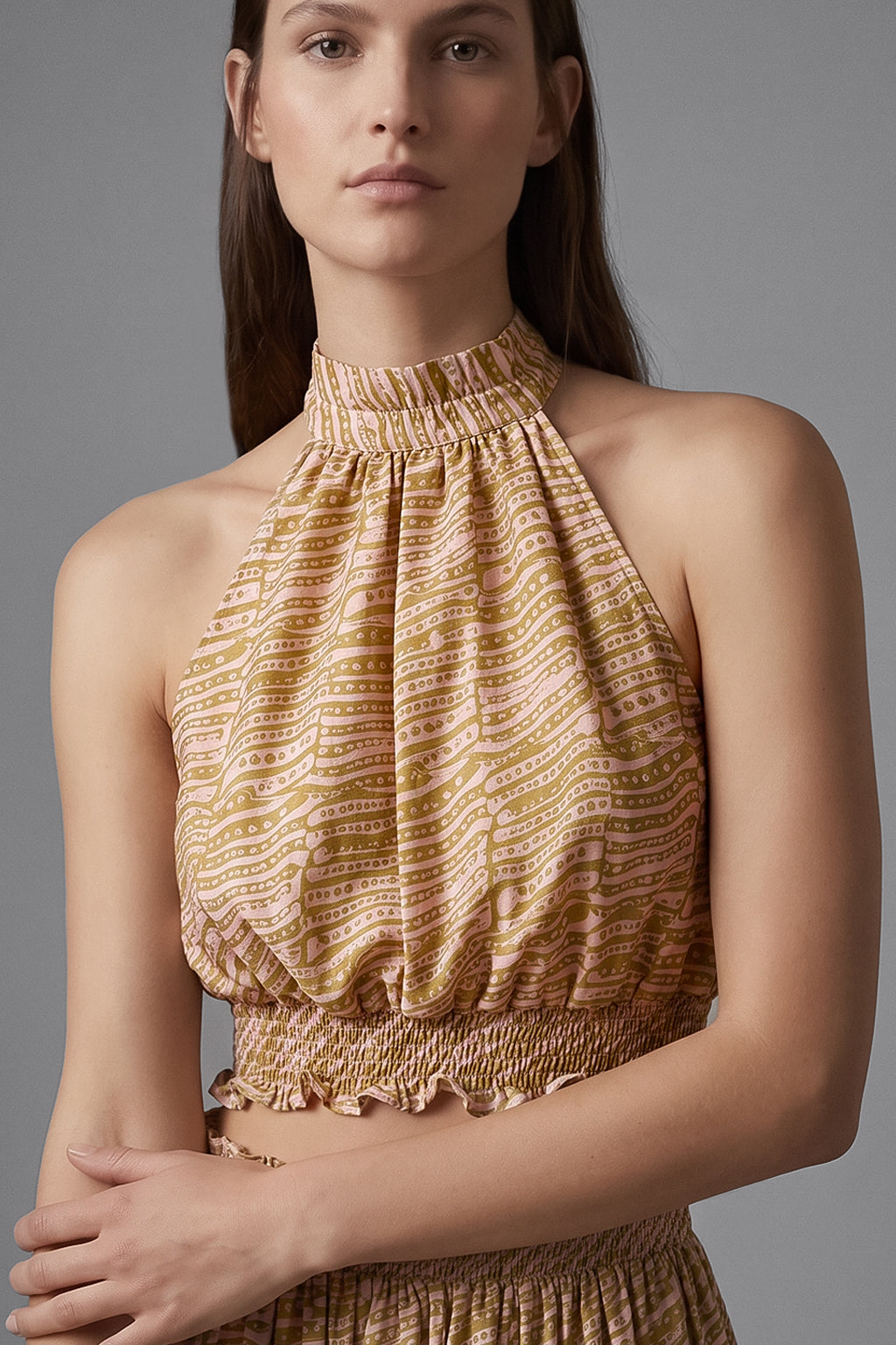 Model wearing Isabella Kron Polly Top – silk with playful dotty pattern