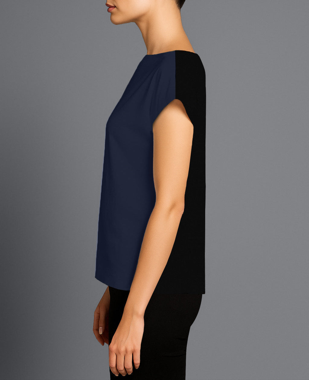 Side view of Roxanne T-Shirt – bold blue and black on a modern silhouette