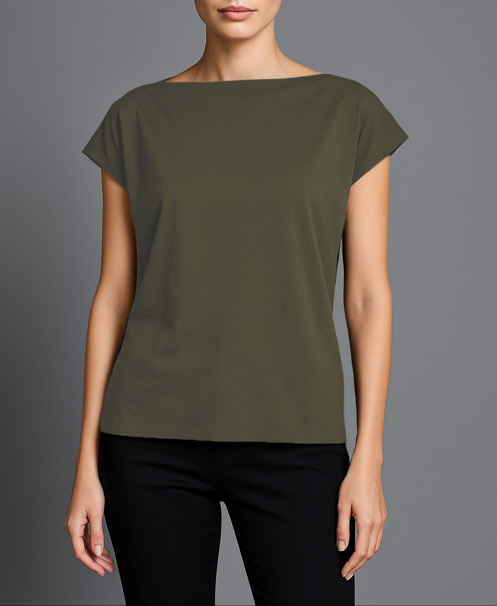 Model wearing Roxanne T-Shirt in Military/Black – soft cotton tee by isabella kron