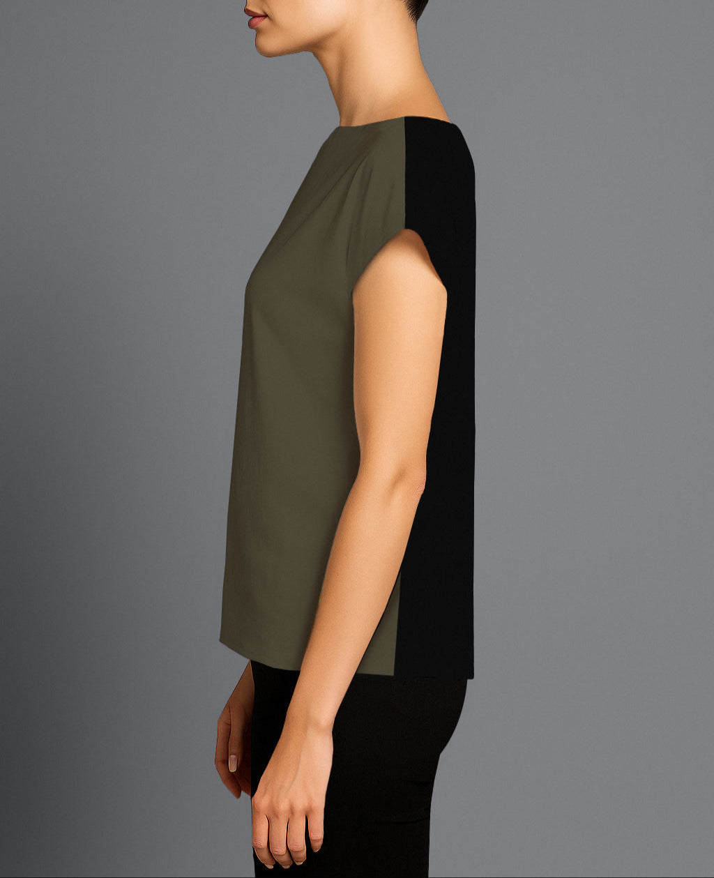 Side view of Roxanne T-Shirt – soft cotton texture with green and black colors