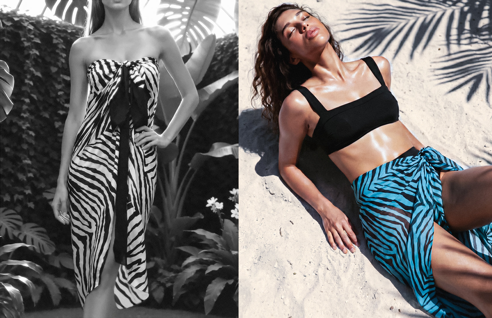 Two women wearing zebra print outfits in a tropical setting.