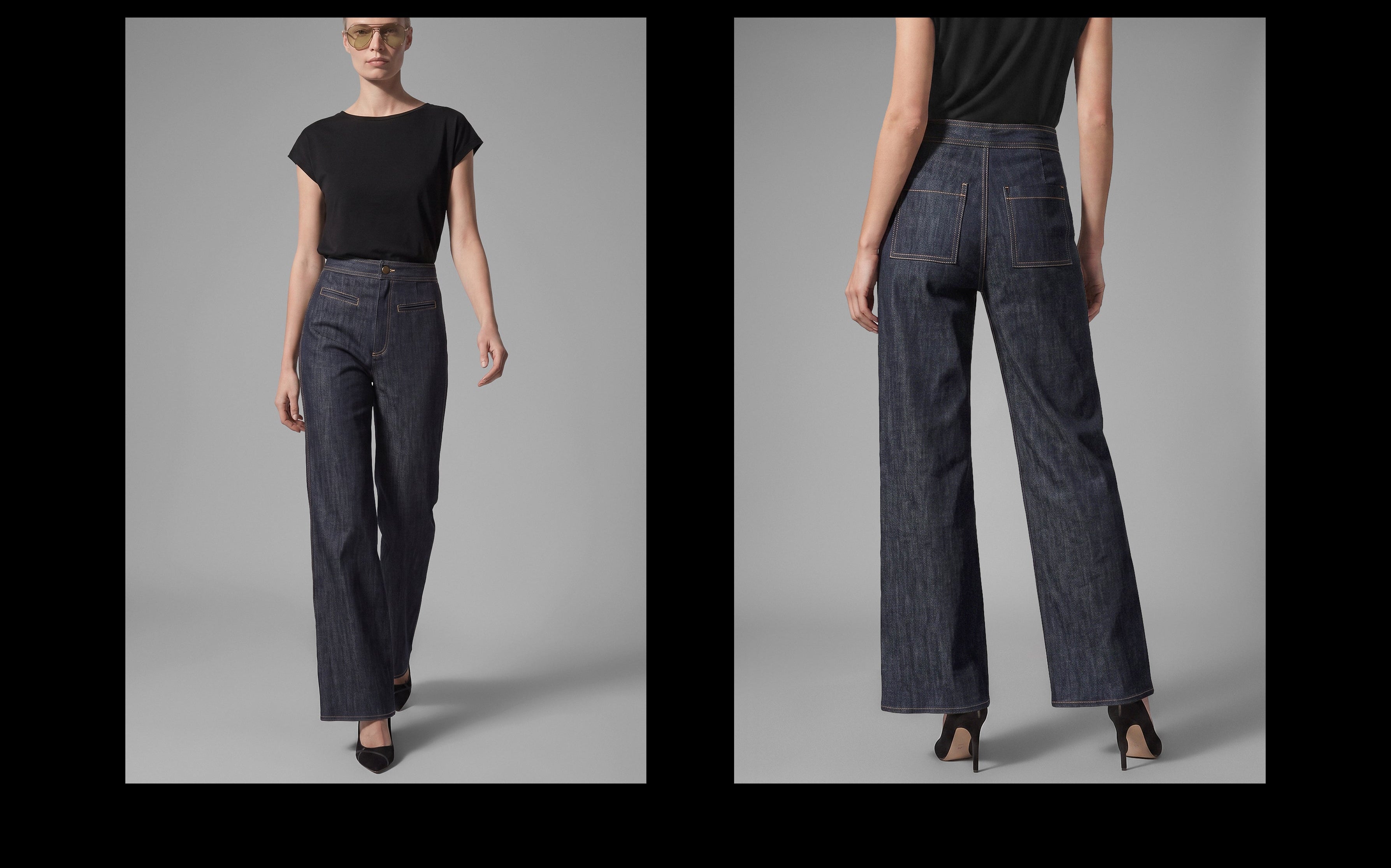 A model is shown in a studio setting wearing dark indigo wide-leg jeans, with front and back views side by side. The model is also wearing a black short-sleeve top and black heels.