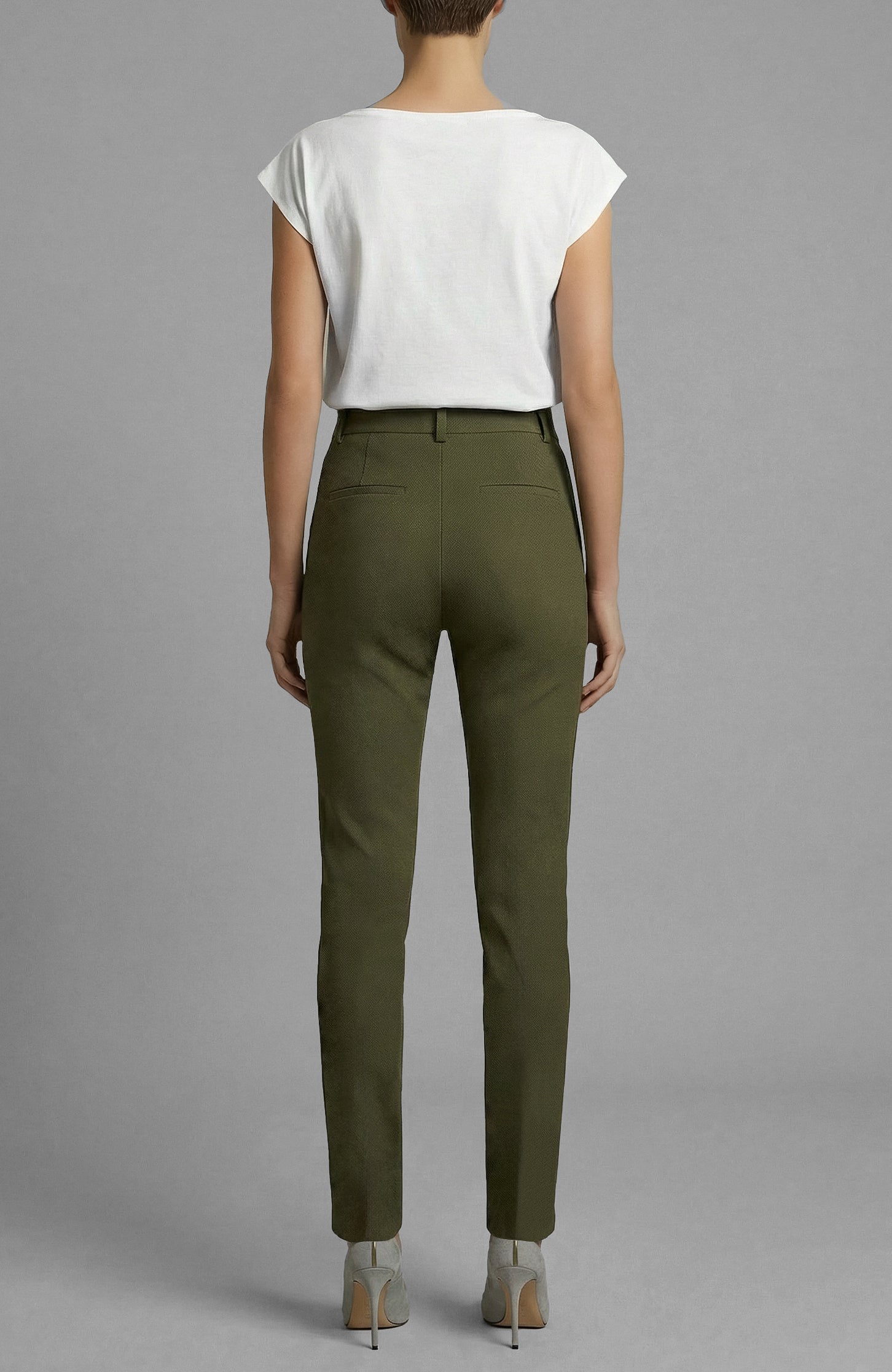 Rear view of Isabella Kron Valentina Pant in deep military green, showing high-rise fit and ankle slit