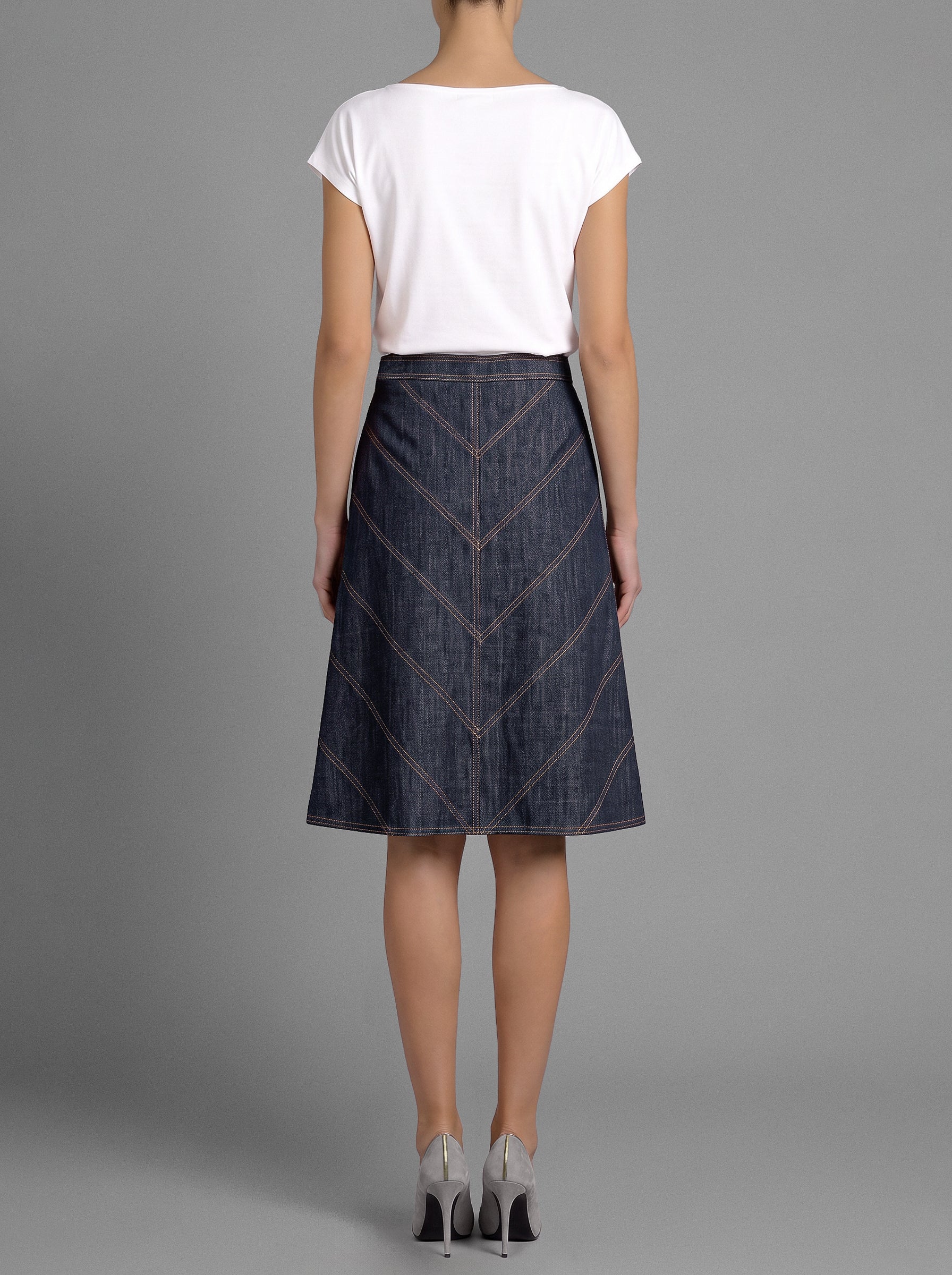 Back view of Warwick Cotton Denim Skirt – tailored shape with refined stitching