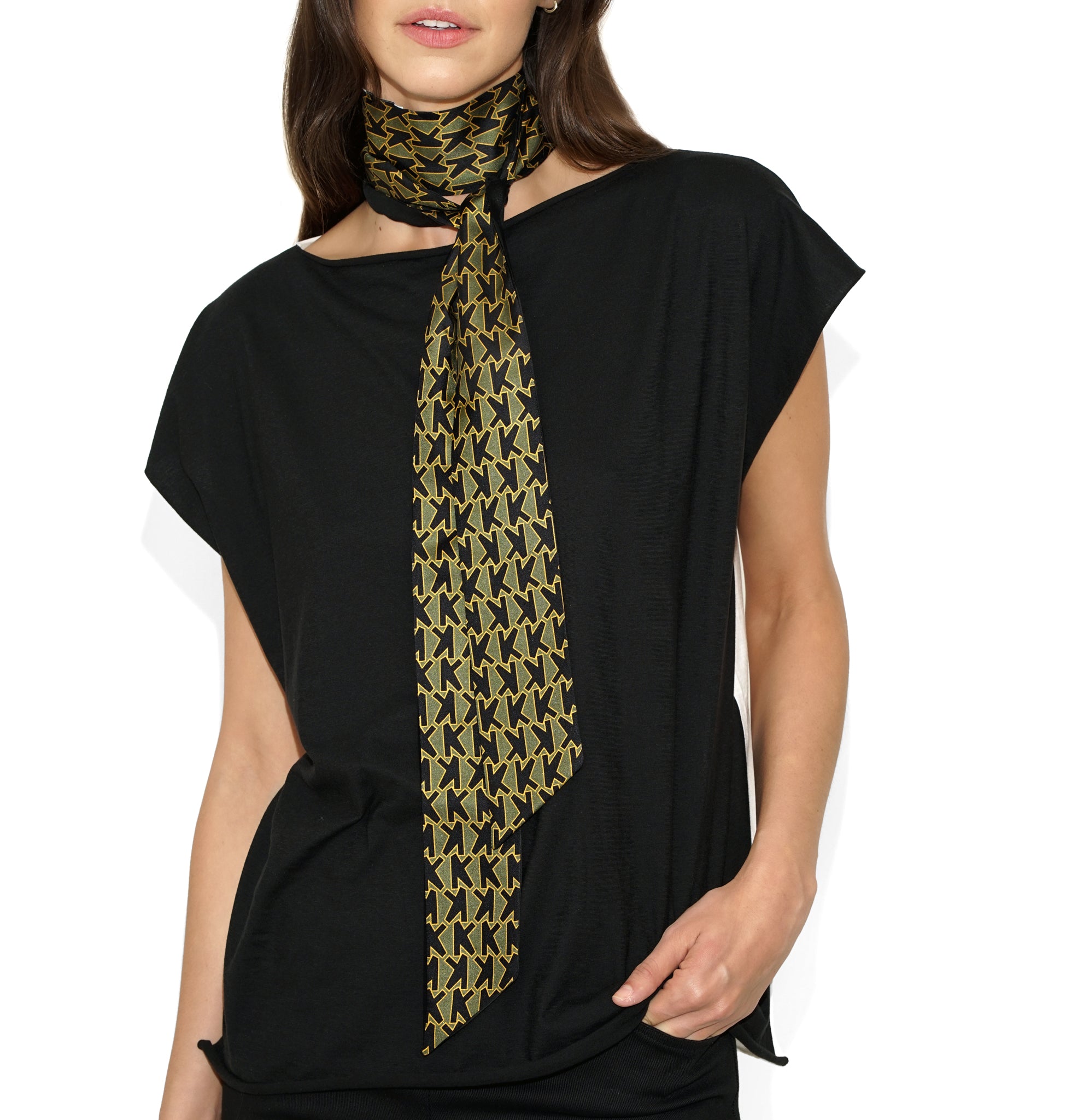 Isabella Kron Alice K Scarf in military green, wrapped once with tails hanging over front, highlighting drape and fluid silk texture