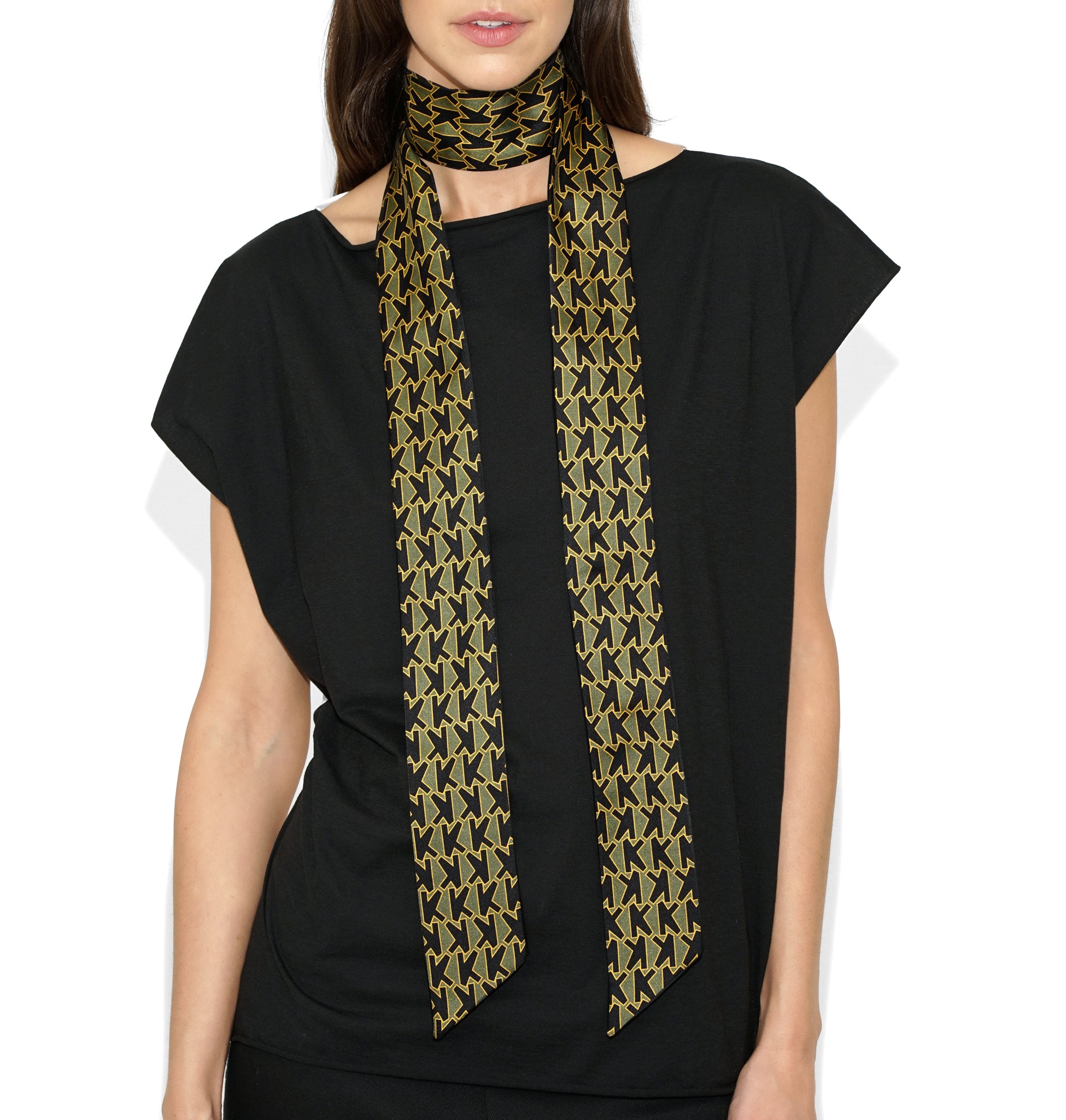 Front draped view of Isabella Kron Alice K Scarf in military green, loosely wrapped around the neck showcasing its long rectangular silk shape and matte sheen