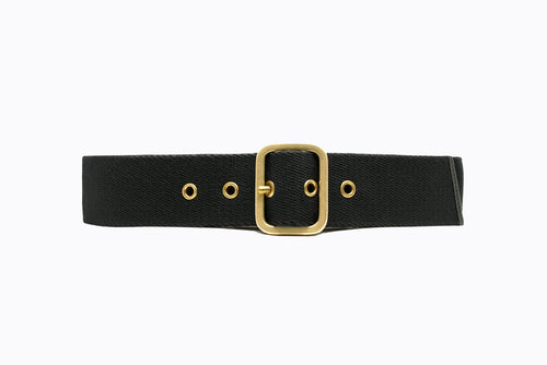 Front flat‑lay view of Isabella Kron Blix Belt in black webbing with leather trim, featuring brass buckle and smooth texture