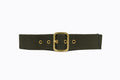 Front flat‑lay view of Isabella Kron Blix Belt in military green webbing with leather trim, brass square buckle and utilitarian chic