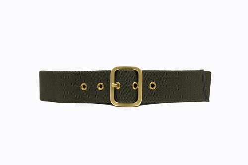 Front flat‑lay view of Isabella Kron Blix Belt in military green webbing with leather trim, brass square buckle and utilitarian chic