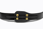 Close-up of Bonnie Belt in black – fine-grain leather and polished gold buckle detail