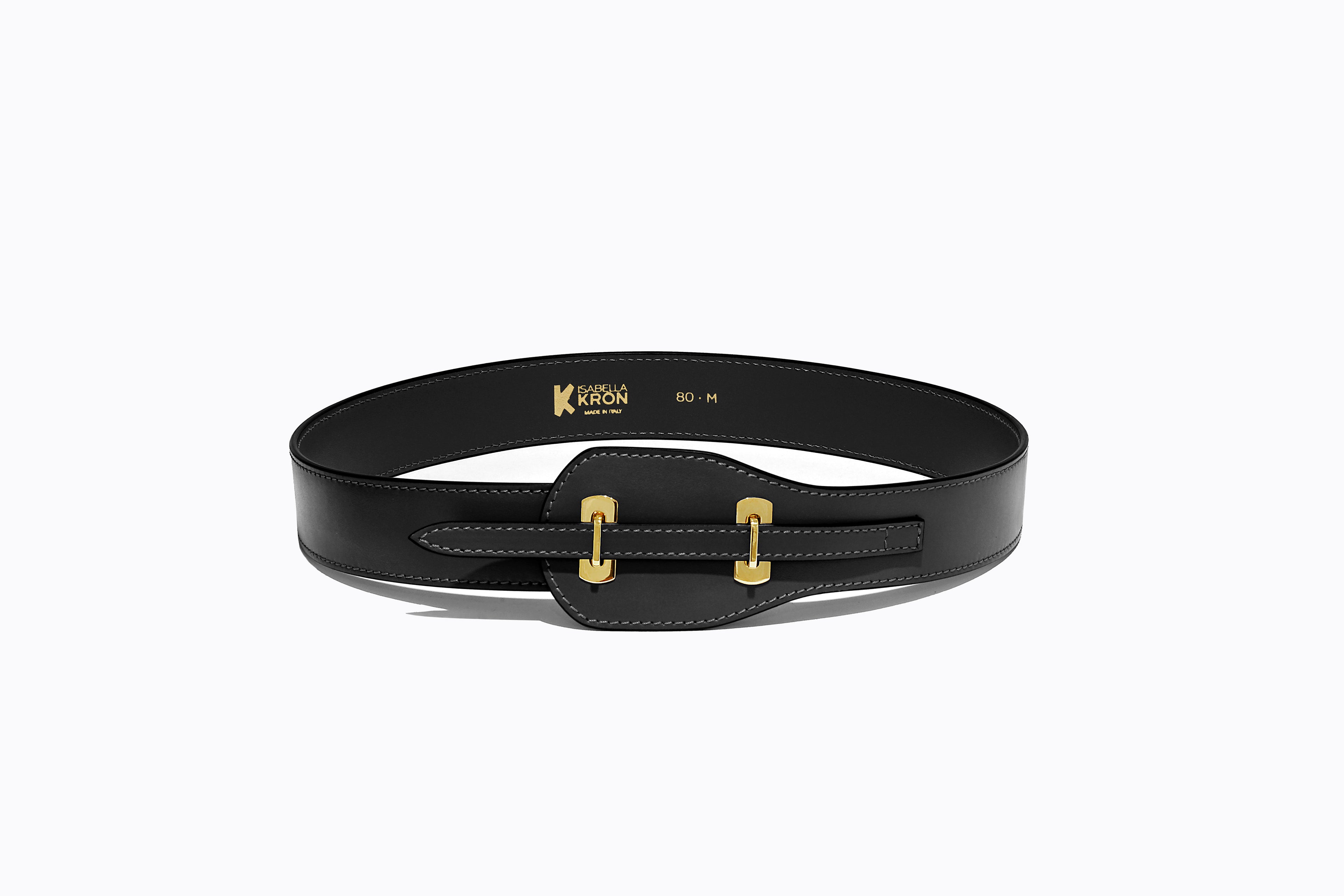 Bonnie Belt in black – front view of sleek black leather belt with gold buckle by Isabella Kron