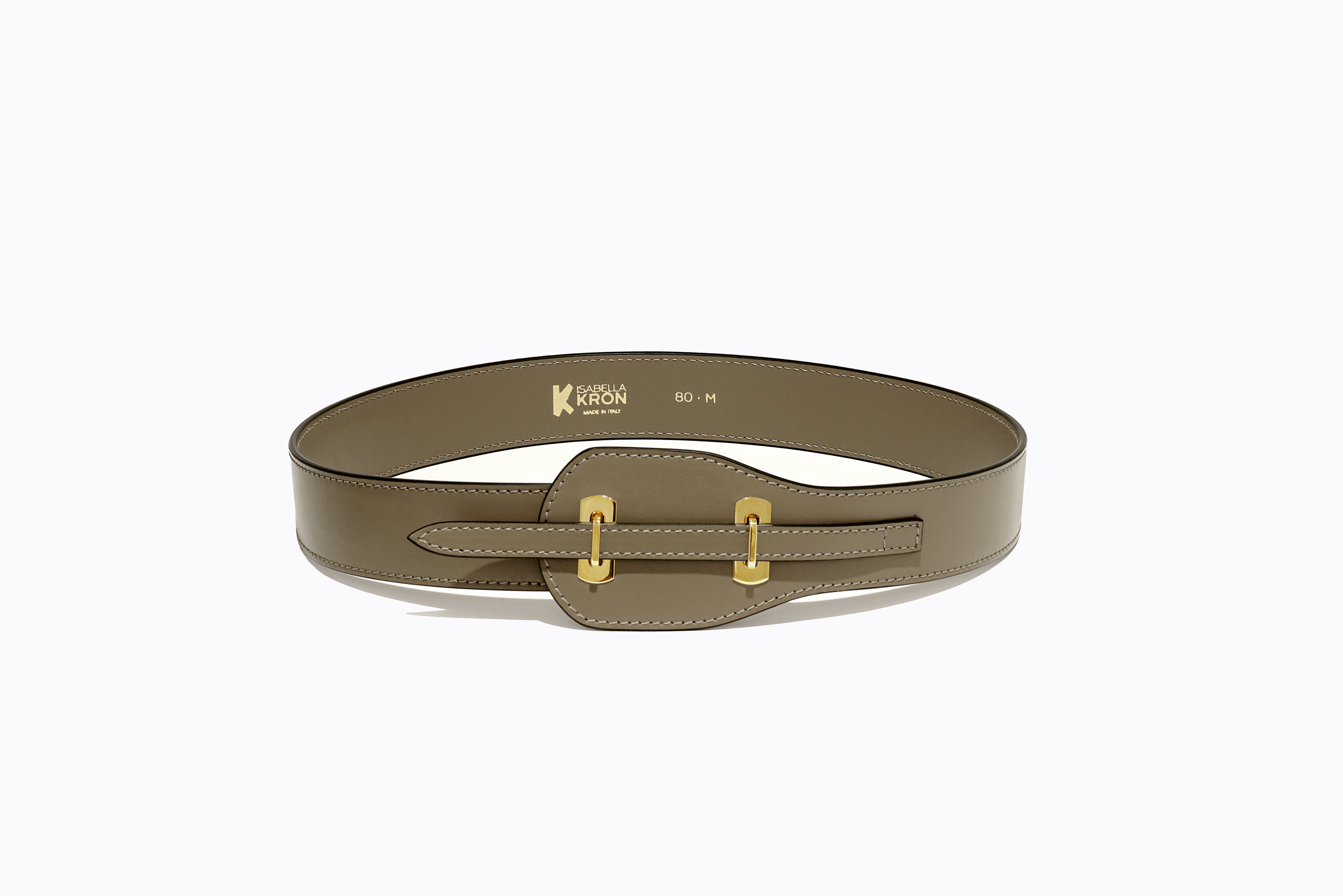 Bonnie Belt in mushroom – front view of taupe-toned leather belt with gold buckle by Isabella Kron