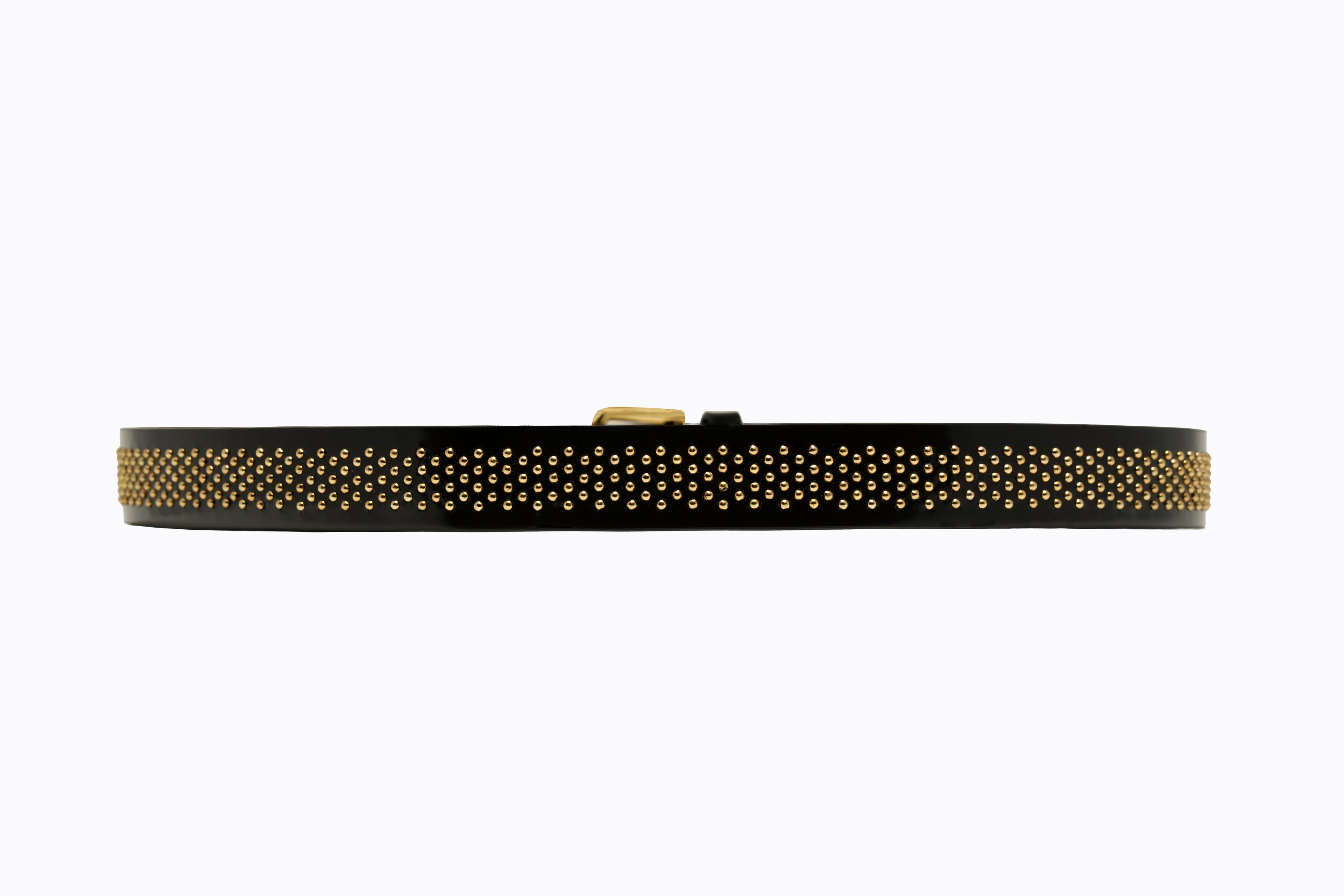 Back view of gold-tone studs and buckle on Isabella Kron Brea Belt, showing leather grain and precise stud placement