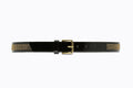 Front flat‑lay view of Isabella Kron Brea Belt in black leather studded with gold-tone hardware, featuring rectangular buckle and evenly spaced studs