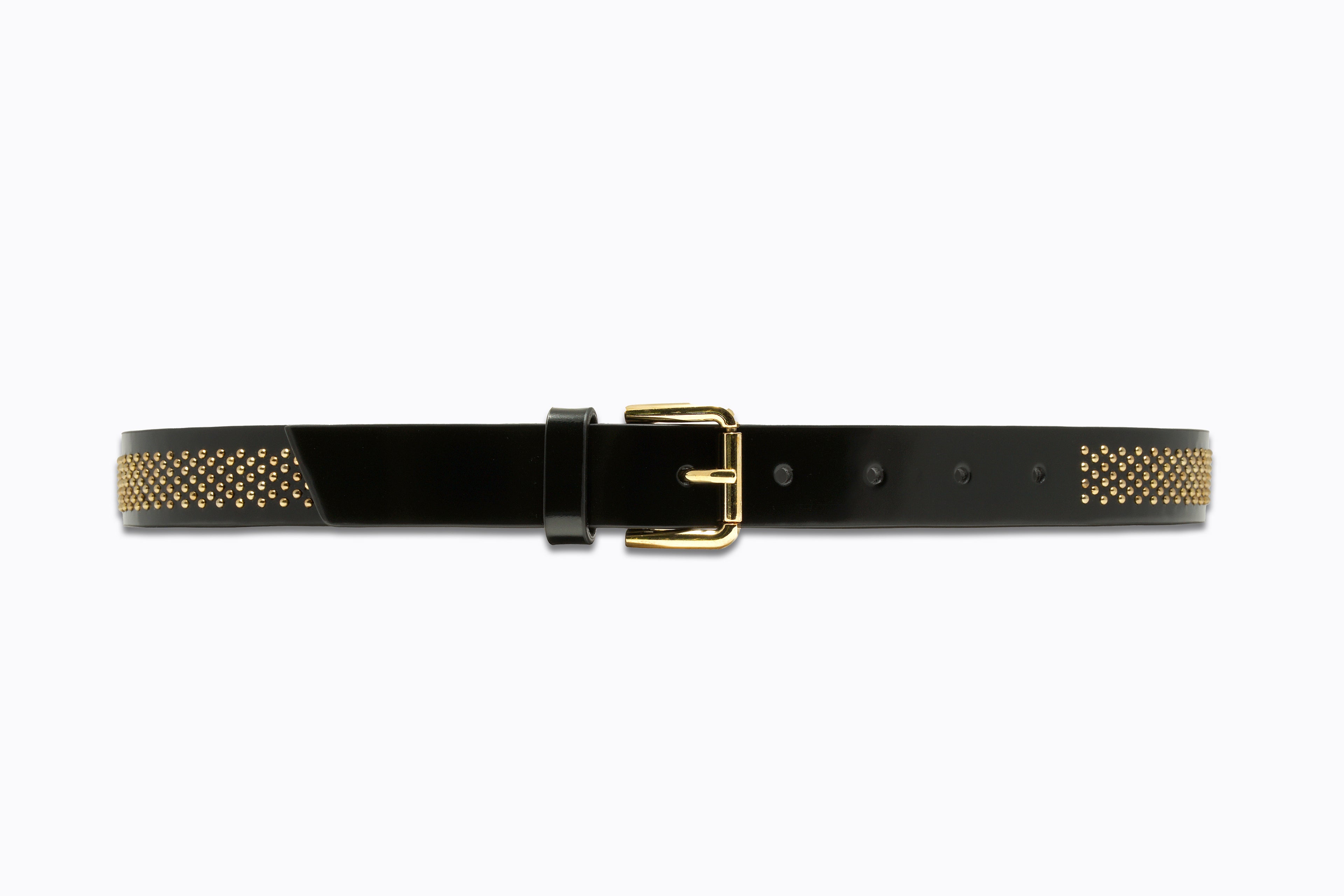 Front flat‑lay view of Isabella Kron Brea Belt in black leather studded with gold-tone hardware, featuring rectangular buckle and evenly spaced studs