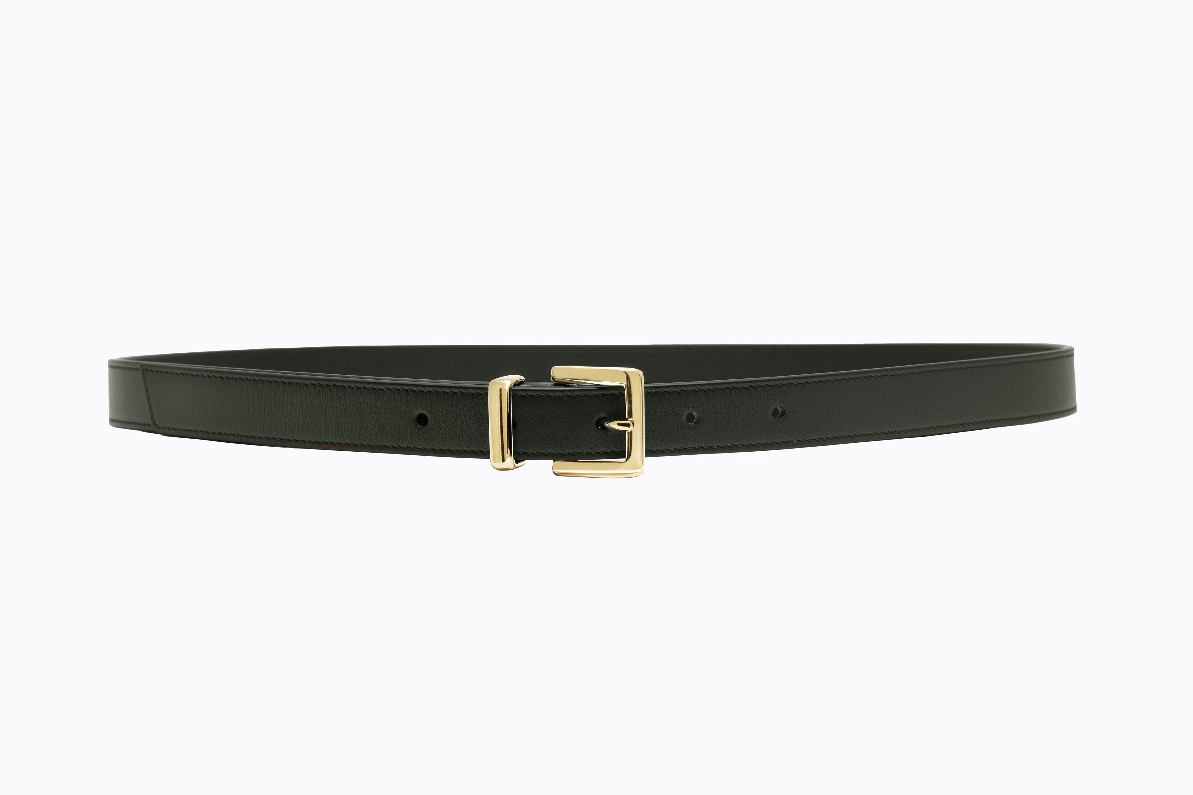 Front flat‑lay view of Isabella Kron Brylee Belt in black Italian leather, showcasing sculptural gold buckle and sleek strap