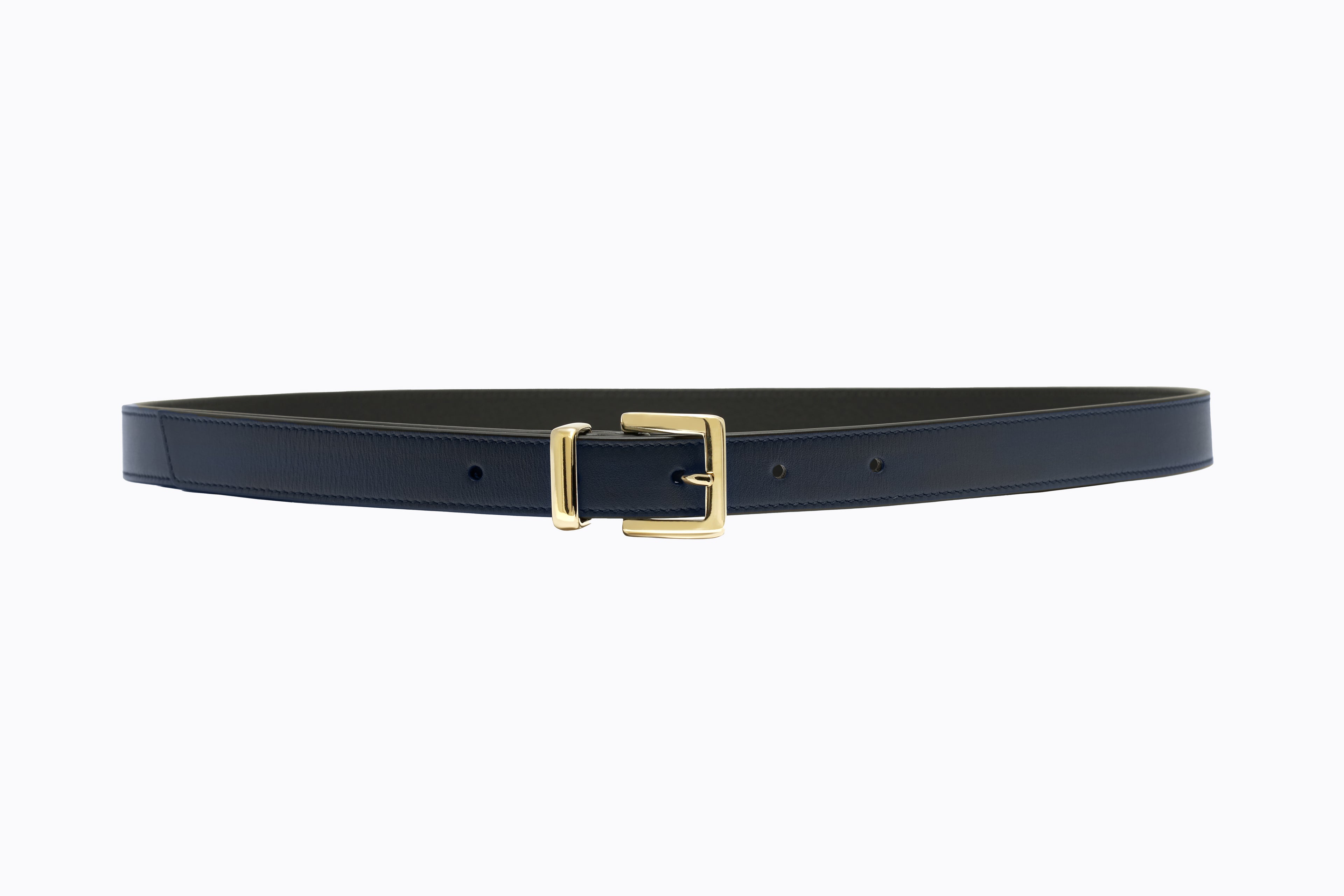 Front view of Isabella Kron Brylee Belt in blue Italian leather, flat‑laid to show sculptural gold buckle and smooth belt strap