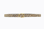 Front flat‑lay view of Isabella Kron Brylee Belt in Kamari leopard haircalf, showcasing sculptural gold buckle and bold spotted pattern