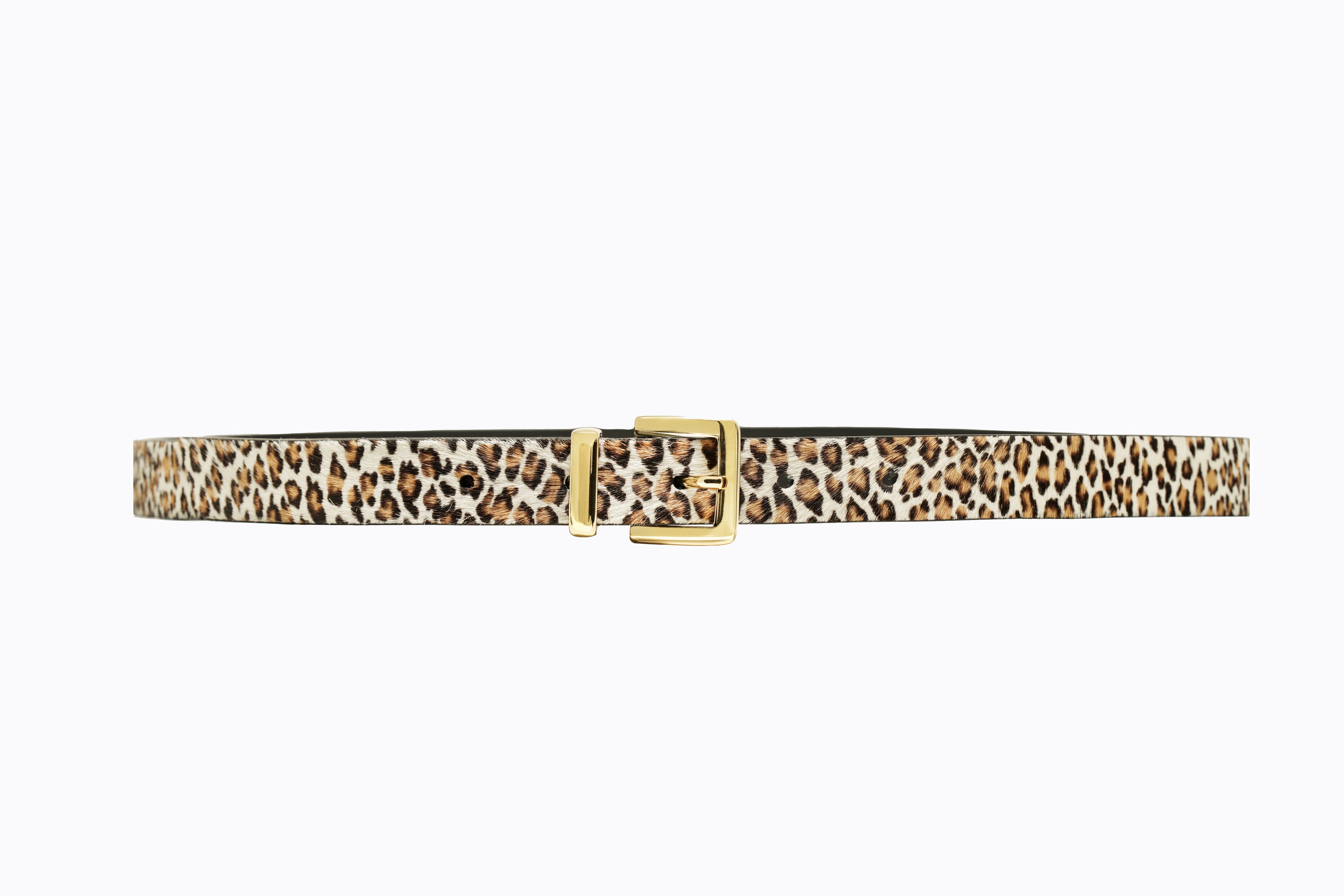 Front flat‑lay view of Isabella Kron Brylee Belt in Kamari leopard haircalf, showcasing sculptural gold buckle and bold spotted pattern