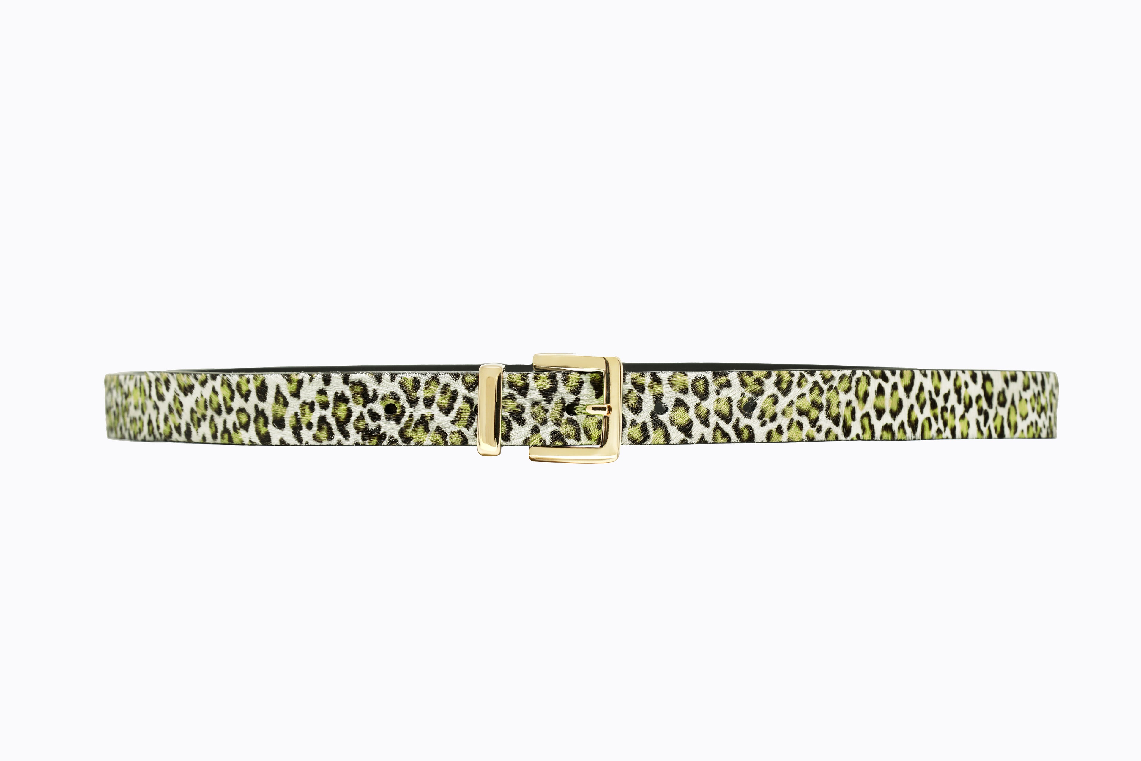 Front flat-lay view of Isabella Kron Brylee Belt in green leopard haircalf, showcasing sculptural gold buckle and vibrant pattern