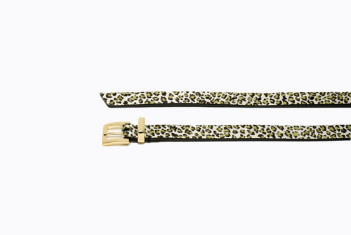 Side angle view of Brylee Belt in leopard green haircalf, showing belt width and profile of gold buckle