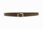 Front flat‑lay view of Isabella Kron Brylee Belt in toffee leather, featuring sculptural gold buckle and smooth tan strap