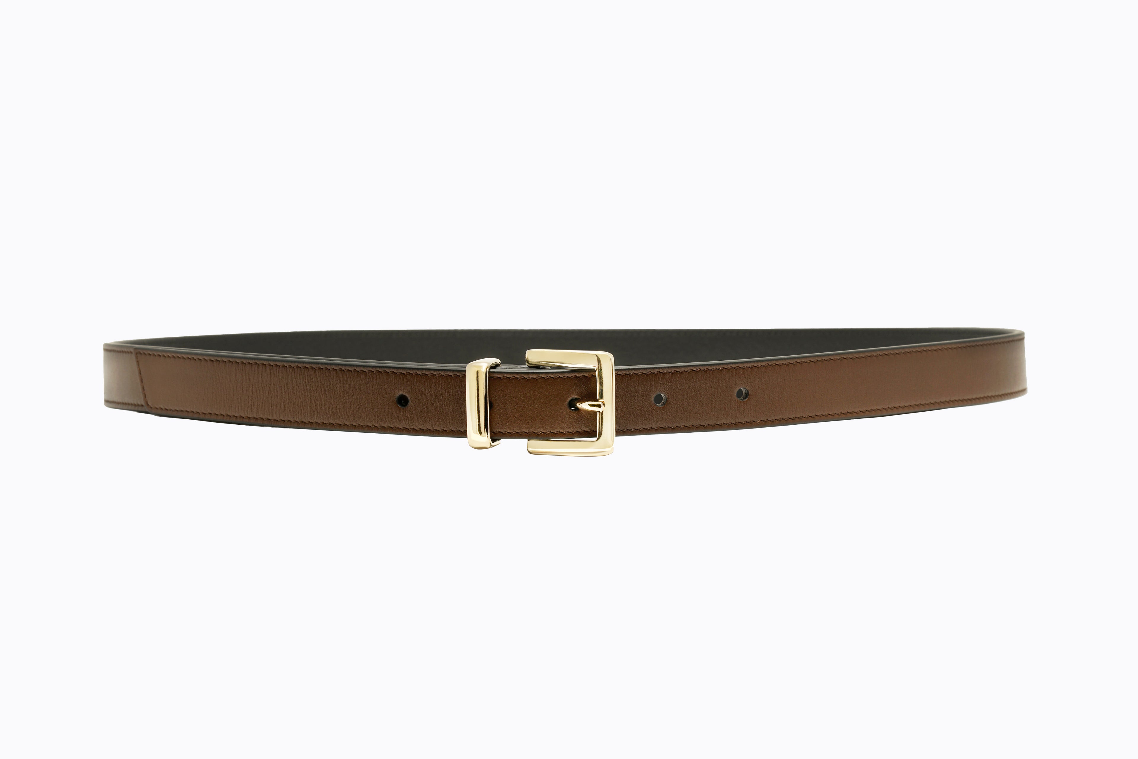 Front flat‑lay view of Isabella Kron Brylee Belt in toffee leather, featuring sculptural gold buckle and smooth tan strap