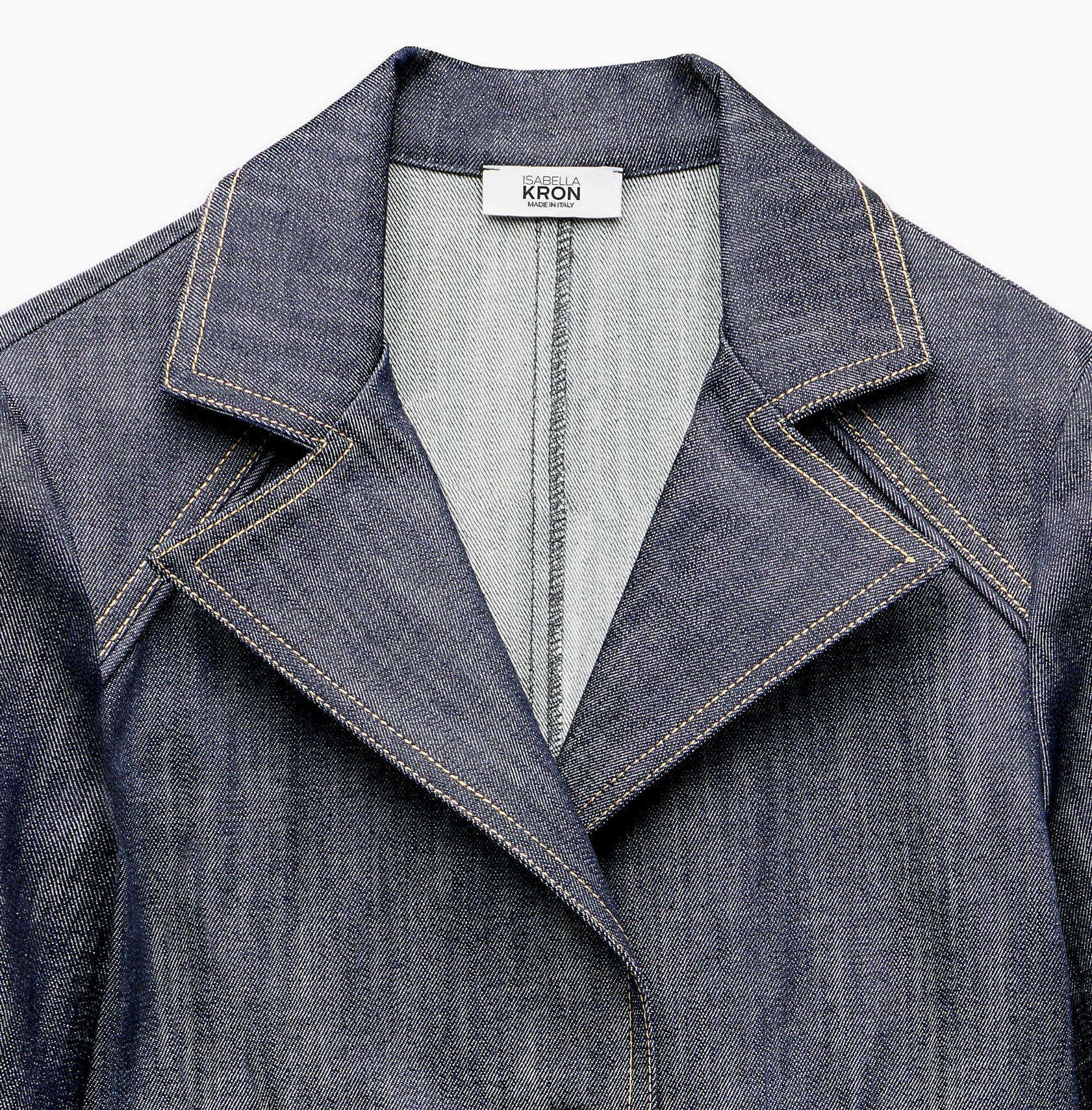 Close-up of denim texture, seams, and buttons – Carnaby Jacket by Isabella Kron