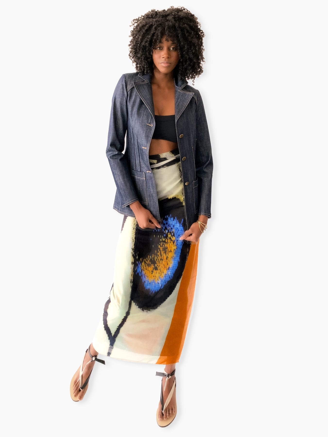 Model wearing Carnaby Denim Jacket – timeless denim style by Isabella Kron