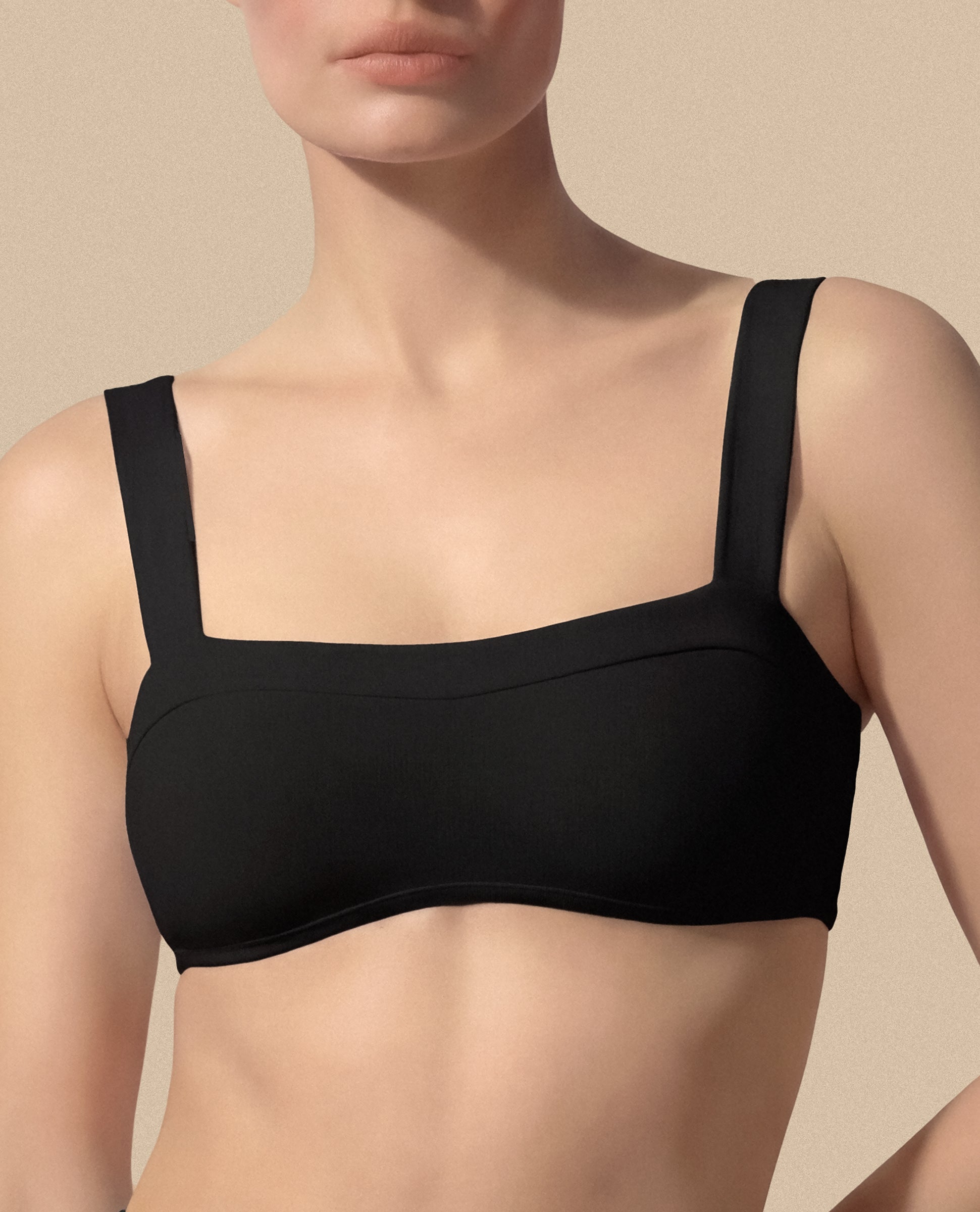 Isabella Kron black bandeau bikini top Italian luxury swimwear clean minimal design close up