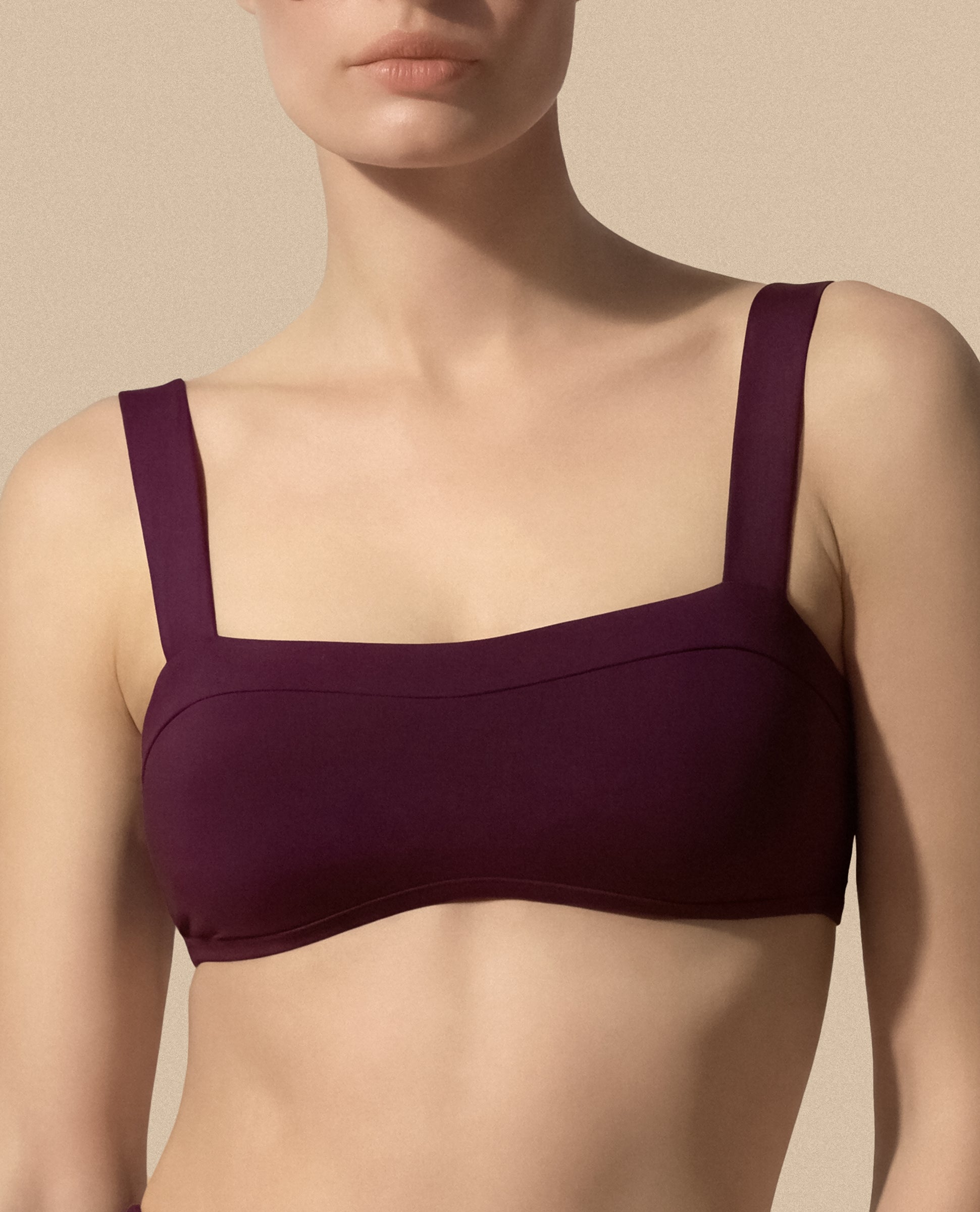 Isabella Kron Dori bandeau bikini plum refined minimal Italian swimwear close up