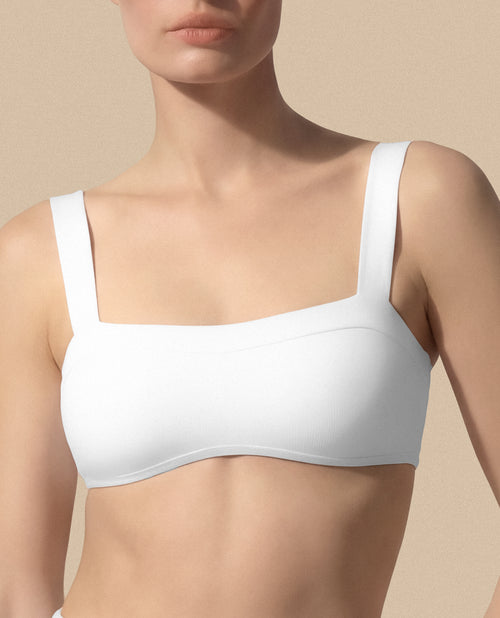 Isabella Kron white swimwear bandeau top premium fabric minimalist style close up