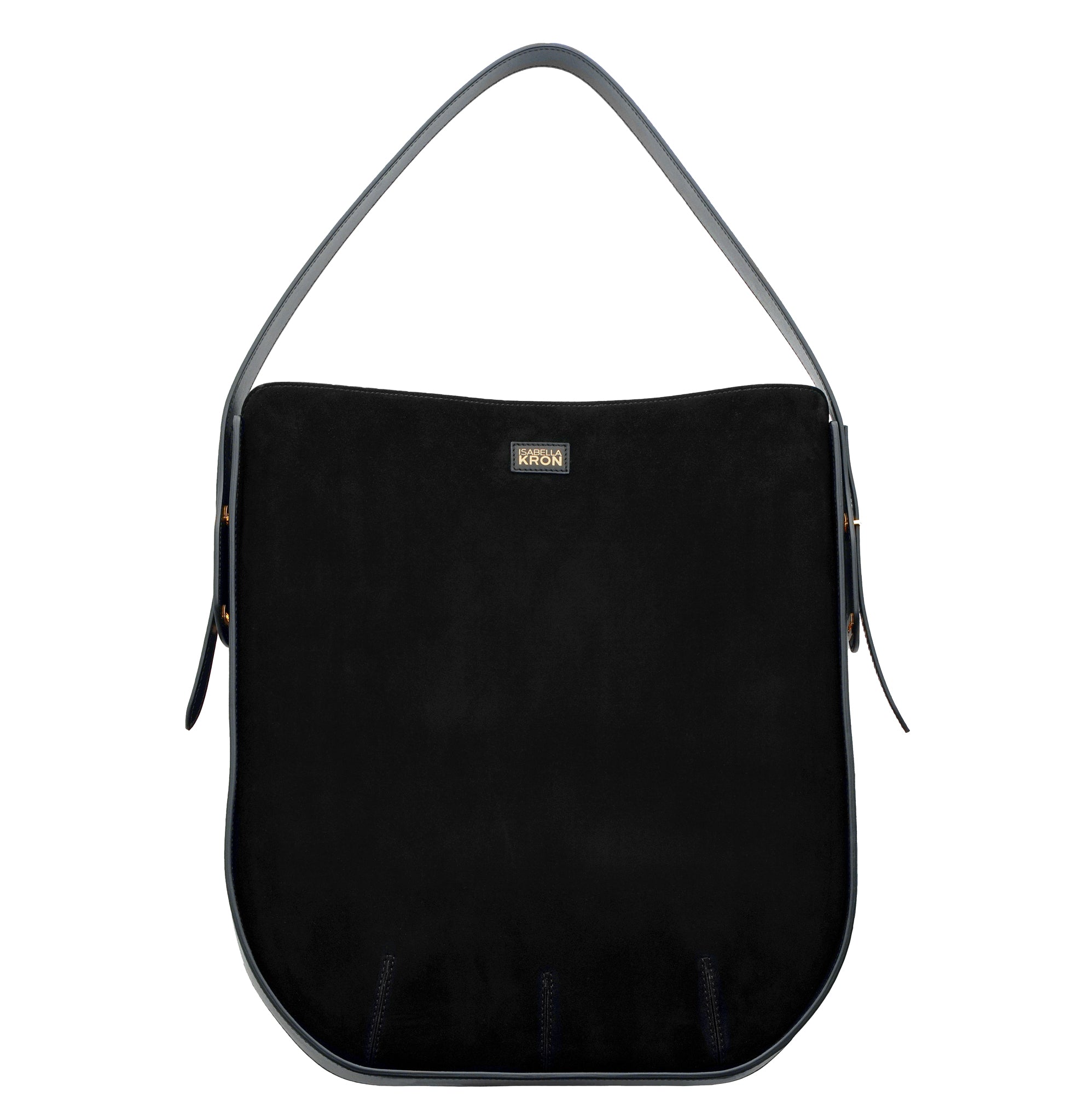 Ibbie Bag in black suede – front view of soft suede handbag with structured silhouette by Isabella Kron
