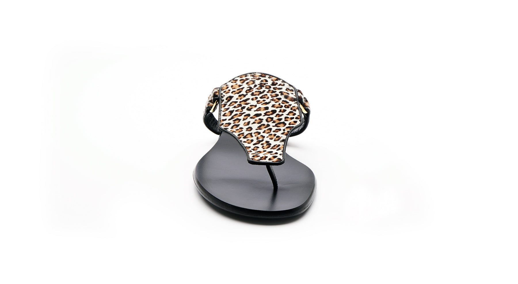 Ilka Mini Sandal in brown leopard-print haircalf – front view of designer flat sandal by Isabella Kron
