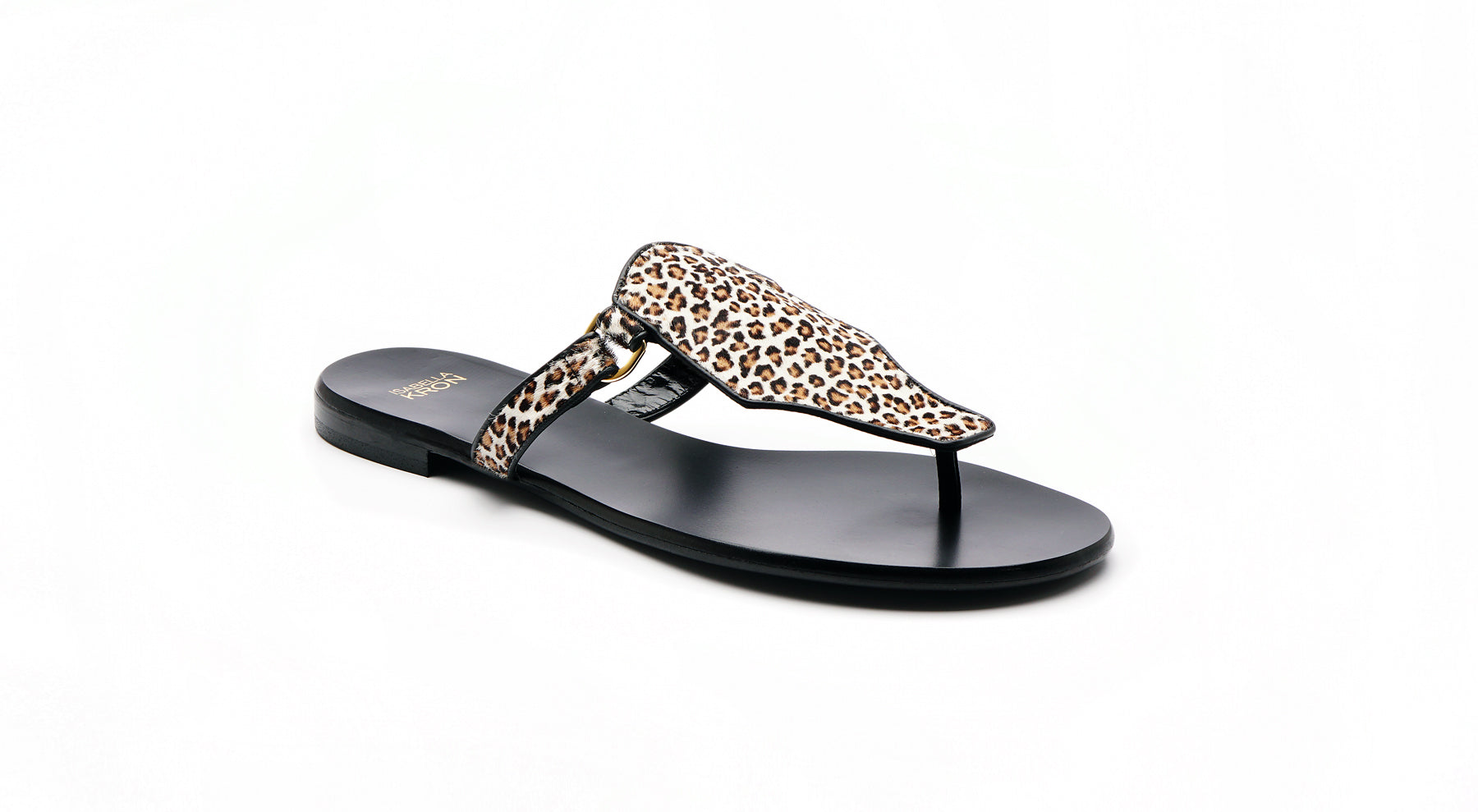 Ilka Mini Sandal in brown leopard-print haircalf – side view of designer flat sandal by Isabella Kron